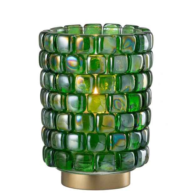 Veliký skleněný svícen na čajovou svíčku s mozaikou zelený – 14,5*14,5*20 cm J-Line by Jolipa