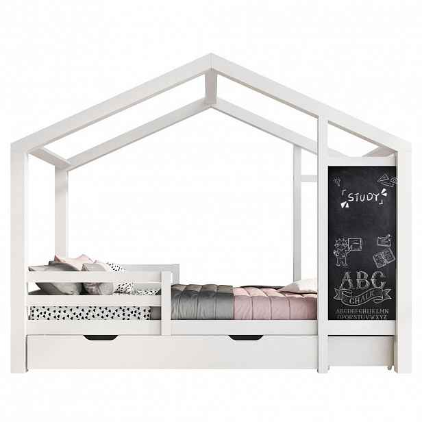 Redom DĚTSKÁ postýlka 90 x 200 cm s tabulí a 2 zásuvkami, masivní dřevo, bílá