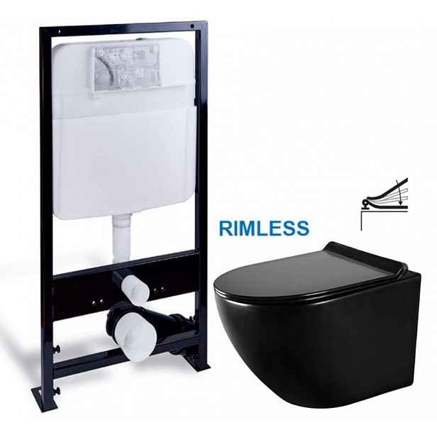PRIM předstěnový instalační systém bez tlačítka + WC MEXEN LENA ČERNÁ Rimless + SEDÁTKO PRIM_20/0026 X ME01