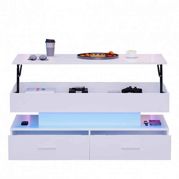 Redom KONFERENČNÍ stolek 100/50/44 cm s hydraulicky výškově nastavitelnou deskou, LED osvětlením a úložným prostorem, Bílá