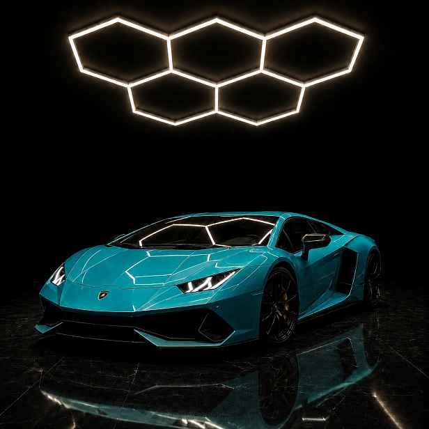 Led svítidlo hexagon bílé 168W garáž studio detailing 229x158cm 4000K