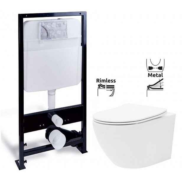PRIM předstěnový instalační systém bez tlačítka + WC REA Carlo Flat Mini Rimless + SEDÁTKO PRIM_20/0026 X CF1