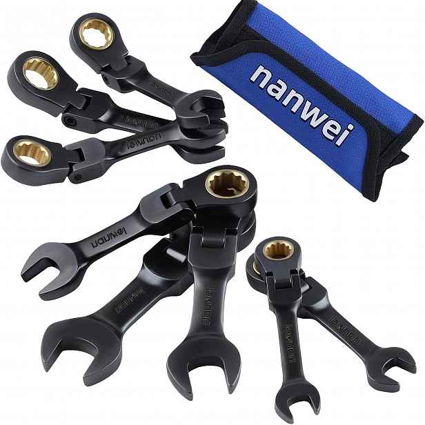TEMU Sada 8 krátkých ráčnových klíčů, krátký ráčnový klíč, SAE standard, 8-19 mm, 72 zubů, chrom-vanadiová ocel, povrchová úprava černým niklem,