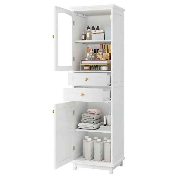 Modenvie VITRÍNA koupelnová z MDF a skla, 45/36/160 cm, bílá se zlatými úchytkami