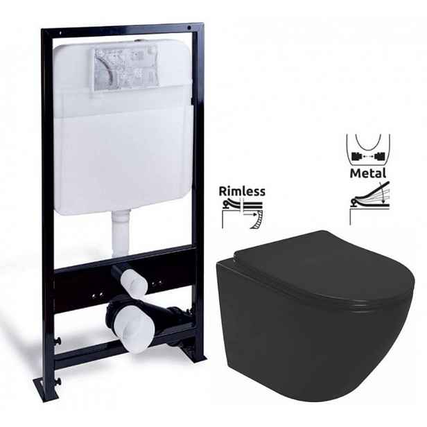 PRIM předstěnový instalační systém bez tlačítka + WC REA CARLO MINI RIMLESS ČERNÝ MAT + SEDÁTKO PRIM_20/0026 X MM1