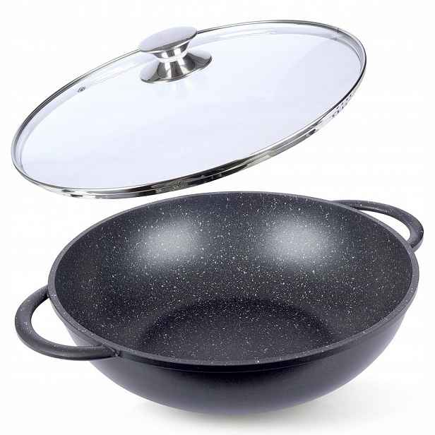 Wok granitowa pánev 32 cm se skleněnou poklicí pro indukci