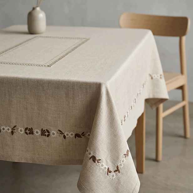 Lněný ubrus 90x150 Vyšívaný Viskóza Len Elegantní Béžová Merezka Boho