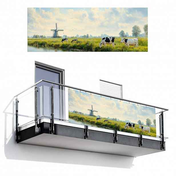 MuchoWow BALKONOVÁ ZÁSTĚNA Krávy - větrný mlýn - louka - modrá 300x110 cm