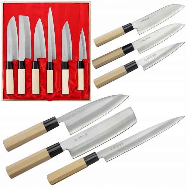 Satake Yoshimitsu Japonský rezavý set 6 nožů Dřevěné Pouzdro na Dárek