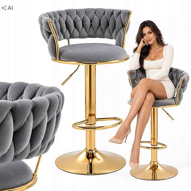 Barová Židle Imperia Moderní Glamour Barová židle Zlaté nohy Velur Šedá