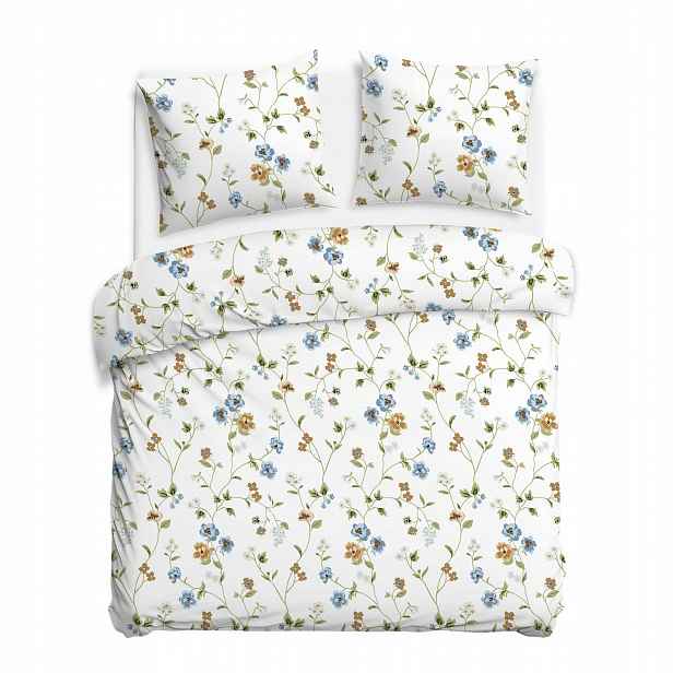Povlečení 160x200 bílé s pastelovými květy na zelených větvičkách CottonLove