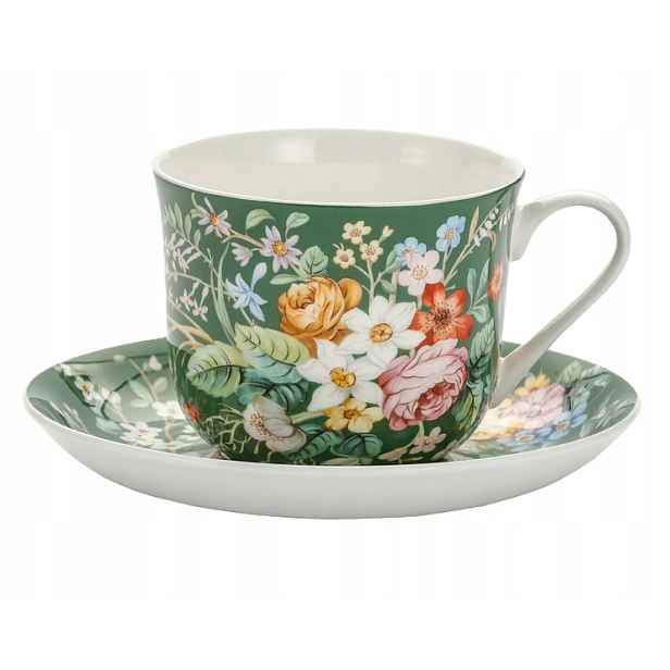 Šálek velký, samostatný 370 ml podšálek, motiv květin, Bone China, dárek