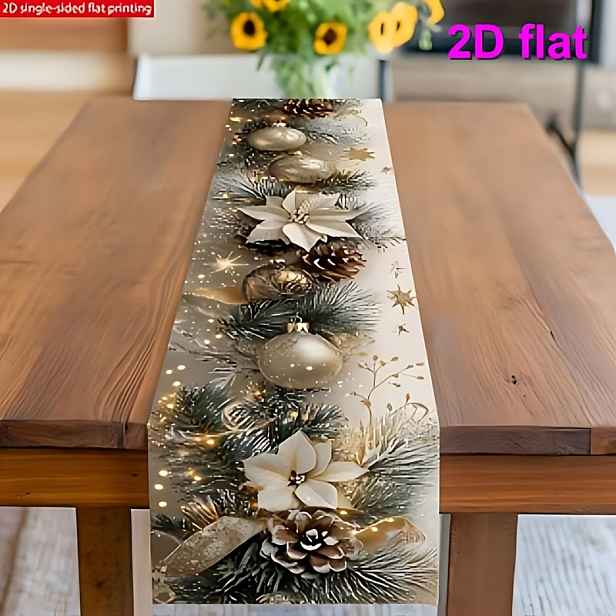 TEMU 1 ks 2D plochý běhoun na stůl, vánoční smrková větev zlatý ornament šiška červený , elegantní atmosférická dekorace, vhodný pro vánoční rodinnou