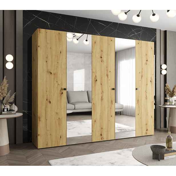 Zrcadlová šatní skříň CAITIR 2 250 cm - dub artisan / černé úchyty