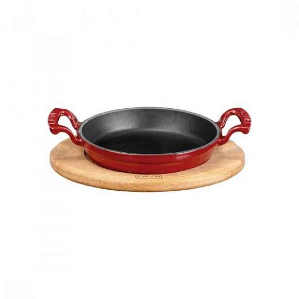 Kulatá litinová mísa, 20 cm, s dřevěným stojanem, červená - LAVA