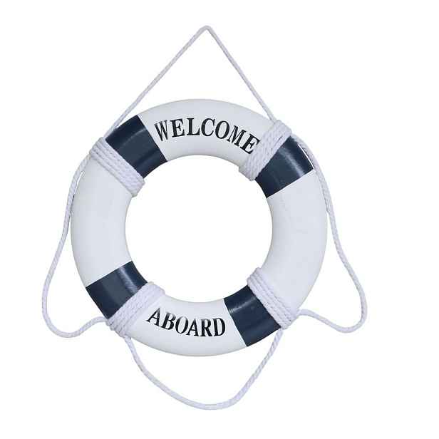 Bílo-modrá dekorace záchranný kruh Welcome Aboard - Ø 27*2,5 cm Chic Antique