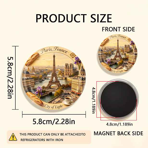 TEMU 1 ks 2D plochý magnet na ledničku s Paříže, , město světla, odolný kulatý magnet, vhodný pro připevnění na ledničky, tabule, ruční práce,