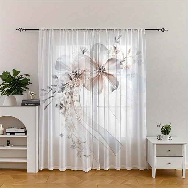 TEMU 2 ks/sada Jednoduché elegantní závěsy s květinovým vzorem, světle barevné květiny se protahují pro snadný a elegantní styl - Závěsy s tyčemi,