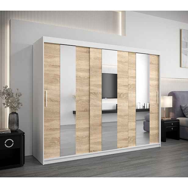 Skříň s posuvnými dveřmi DORA - šířka 250 cm, bílá / dub sonoma
