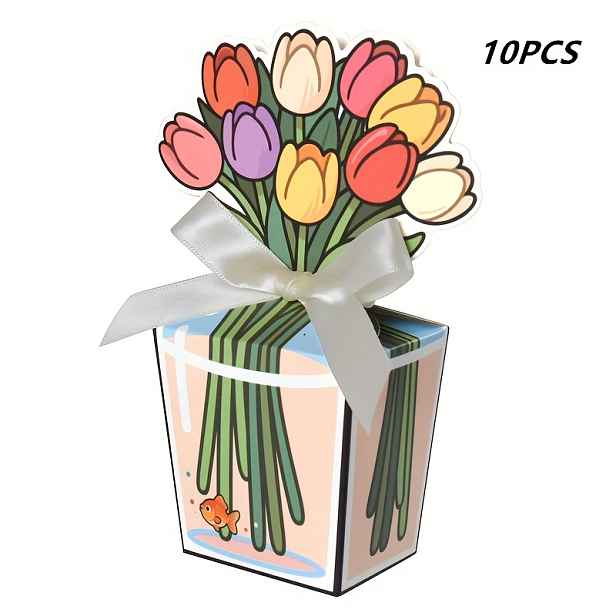 TEMU 10ks Balení Kreativních Romantických Dárkových Krabiček s Tulipány a Bílými Mašlemi & -Černým Okrajem - Živé Multicolor Design Tulipánů pro