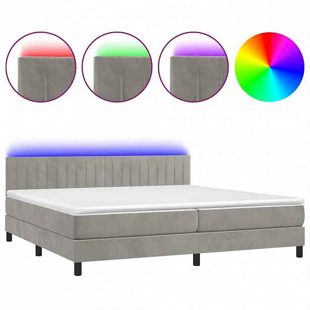 vidaXL Box spring postel s matrací a LED světle šedá 200x200 cm samet