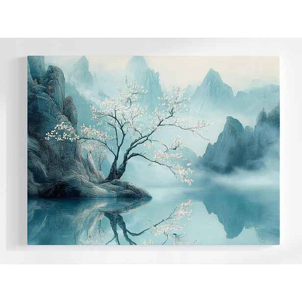 Plakát Krajina Asie Japonsko Tyrkysová Hora Mlha Sakura 100x75