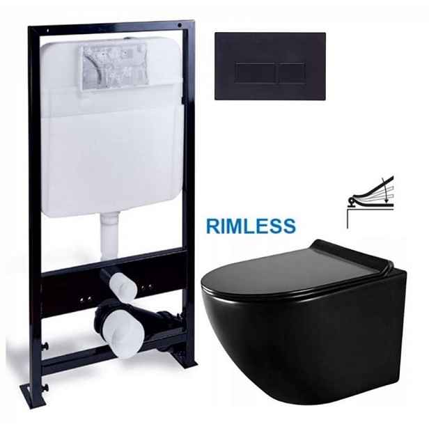 PRIM předstěnový instalační systém s černým tlačítkem  20/0044 + WC MEXEN LENA ČERNÁ Rimless + SEDÁTKO PRIM_20/0026 44 ME01
