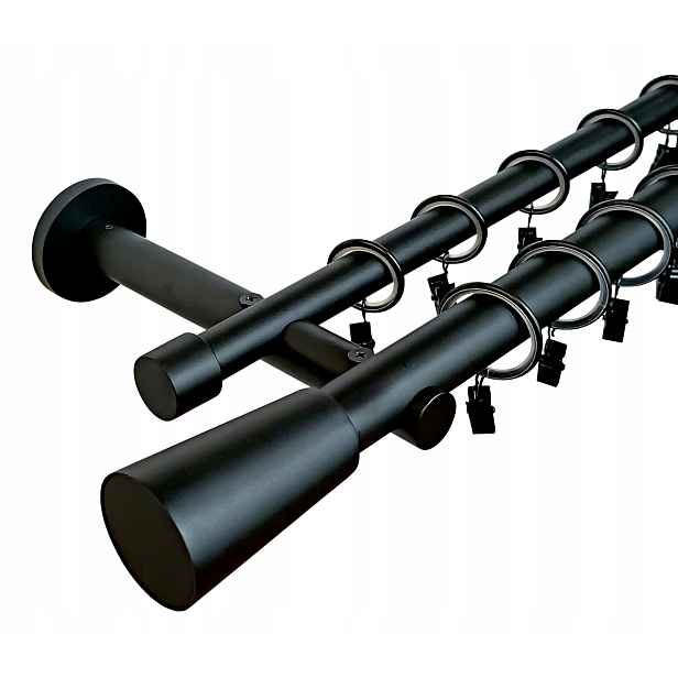 Dvojitá Garnýž černá matná kovová garnýž s výběrem zakončení 25+19 mm 280 cm