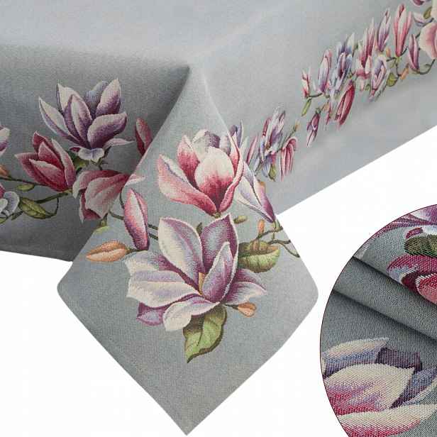 Gobelínový Ubrus na stůl šedý magnolie 140x180 cm ozdobný do jídelny obývacího pokoje