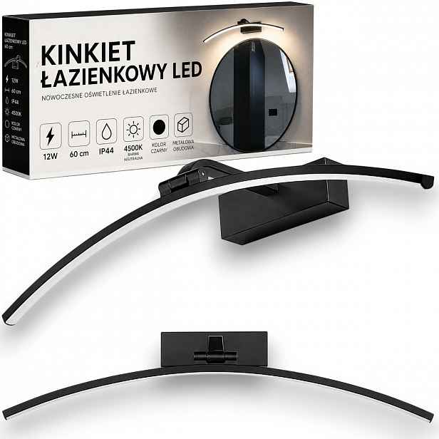 Koupelnové nástěnné svítidlo černé Led 12W nad zrcadlo kulatý ohnuté 60 cm, neutrální