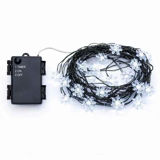 LED světýlka na baterie, vločky, 5,3 m, ledově bílá, 50 diod, zelený drátek, IP44 venkovní, 3 × AA