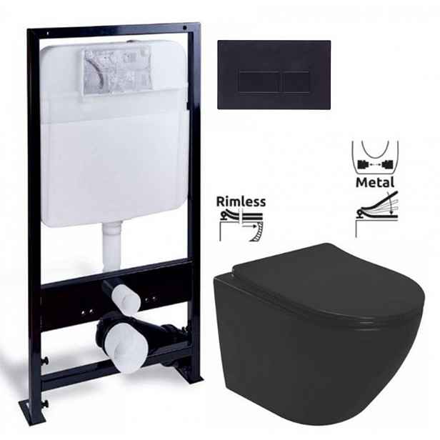PRIM předstěnový instalační systém s černým tlačítkem  20/0044 + WC REA CARLO MINI RIMLESS ČERNÝ MAT + SEDÁTKO PRIM_20/0026 44 MM1