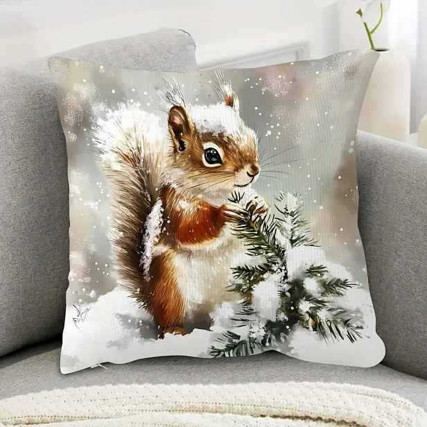 TEMU 1ks Retro Stylový Hnědý Veverka ve Sněhu Povlak na Polštář, 45,72 x 45,72 cm, Měkký Krátký Plyš se Zapínáním na Zip - Ideální pro Pohovku,