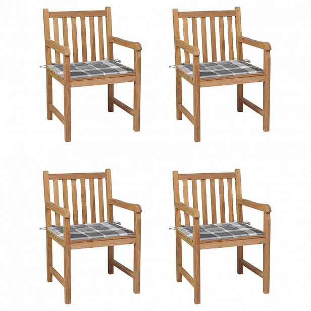 vidaXL Zahradní židle 4 ks šedé kárované podušky masivní teak