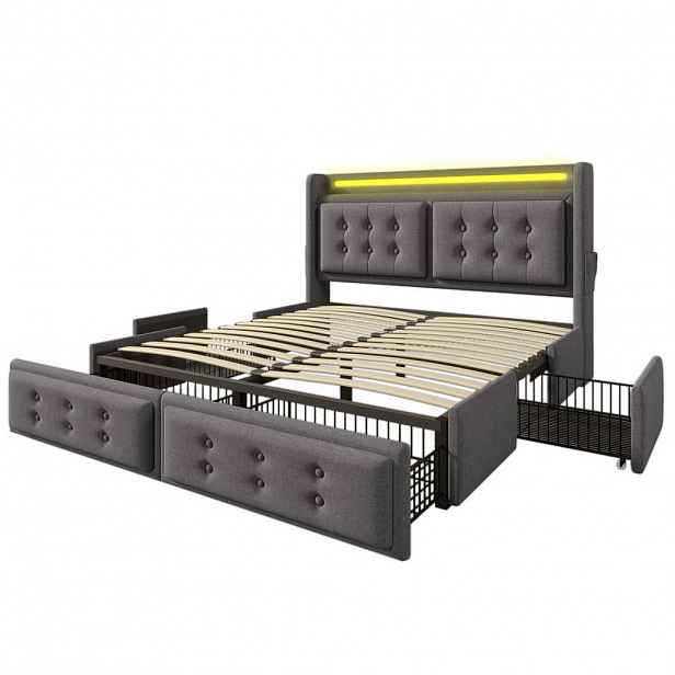 FLIEKS ČALOUNĚNÁ POSTEL 140x200 Šedá LED USB-C 4 Zásuvky