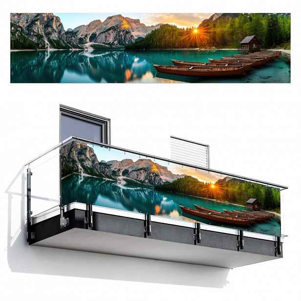 MuchoWow BALKONOVÁ ZÁSTĚNA Jezero - Hory - Západ slunce - Loď 500x120 cm