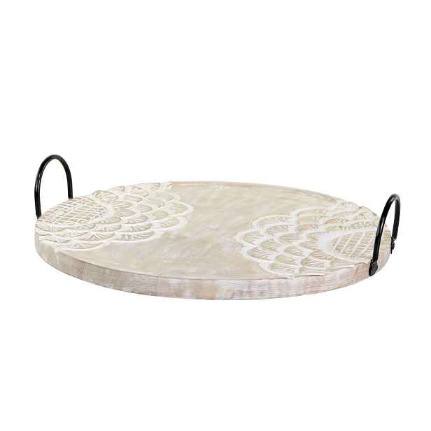 Dřevěný servírovací podnos z mangového dřeva s řezbami Tours - Ø 41cm Chic Antique