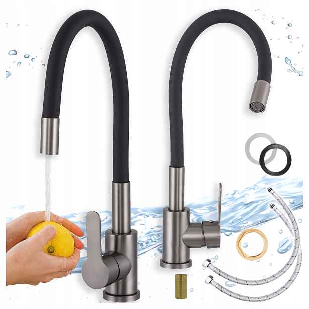 Kuchyňská stojánková baterie Flex Gun Metal Flexibilní ohýbací vývod Kohoutek
