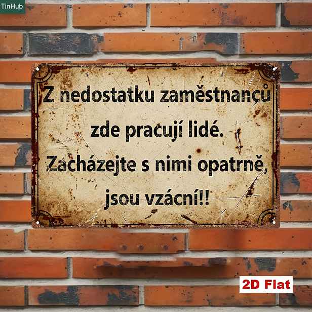TEMU 2D Plochá, 2D Plochá 1ks Retro Železná Cedule 20x30cm Železná Nálepka na Zeď, Český Humorný Citát: Kvůli Nedostatku Personálu Jsou Lidé, Kteří