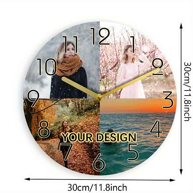 TEMU Personalizované nástěnné hodiny s 4 fotografiemi a , s sezónním a vlastním ciferníkem, vyrobené z dřevěných tisků. Ideální dárek do obývacího
