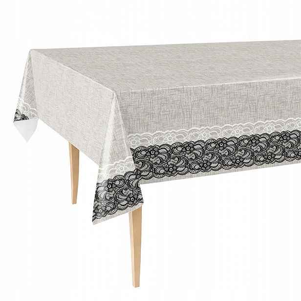 Cerata Tlustý Ubrus 140x500 Skvrnitý Béžový Len Černá Krajka Pruhy