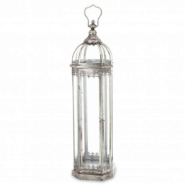 Vysoký kovový lucerna stříbrná patinovaná vintage shabby chic