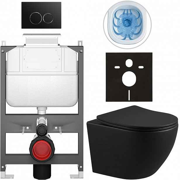 Kompletní WC set Basic/Cesso - černá matná - WC tlačítko Dualo/Černá - ovládání shora - předstěnová instalace - 49x36 cm - 8050BD86335