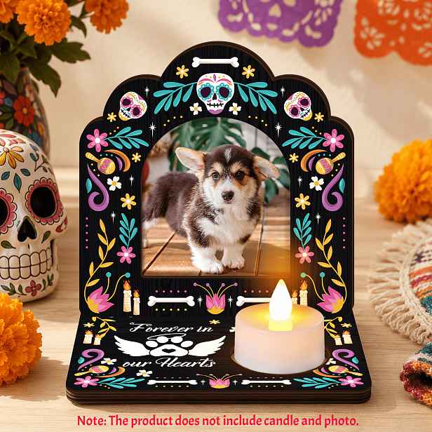 TEMU 1 sada Dekorativní cedule s rámečky na obrázky Mrtvý oltář, Dia De Los Muertos svíčka, měsíček, tisk na dřevěný stolní rám s domácím mazlíčkem a