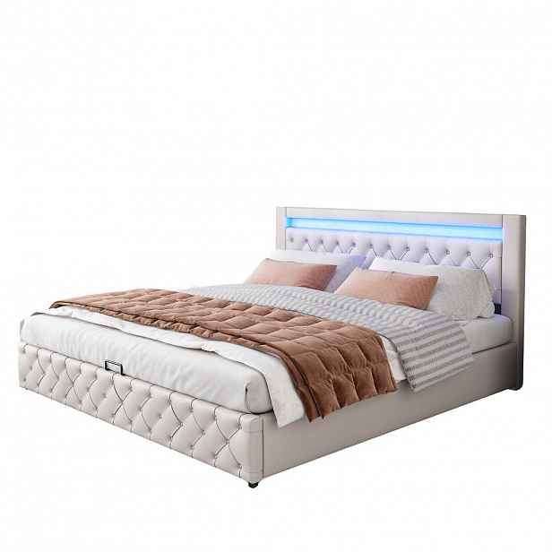FLIEKS ČALOUNĚNÁ POSTEL 160x200 Bílá PU LED Úložný Prostor