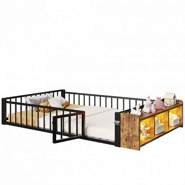 Modfu DĚTSKÁ postel z kovu a MDF 140x200 cm černá s ochranným zábradlím, LED osvětlením a otevřeným úložným prostorem