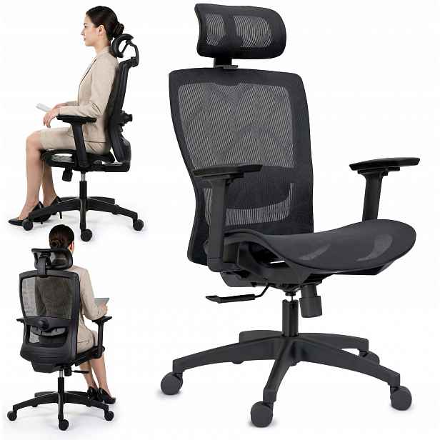 Ergonomické kancelářské křeslo, nastavitelné područky, opěrka hlavy a bederní opěrka