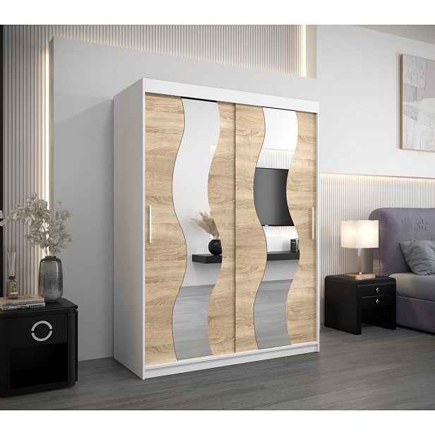 Šatní skříň se zrcadly IRMA - šířka 150 cm, bílá / dub sonoma