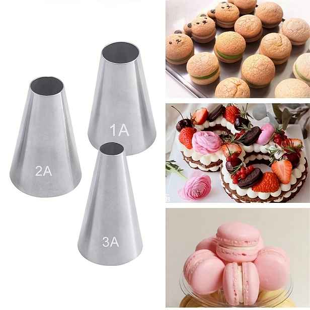 TEMU 3 ks kulatých nerezových trysek na krém pro dorty, cupcakes, makronky, krémy, nástroje na zdobení dortů, nástroje na pečení pečiva #1A #2A #3A
