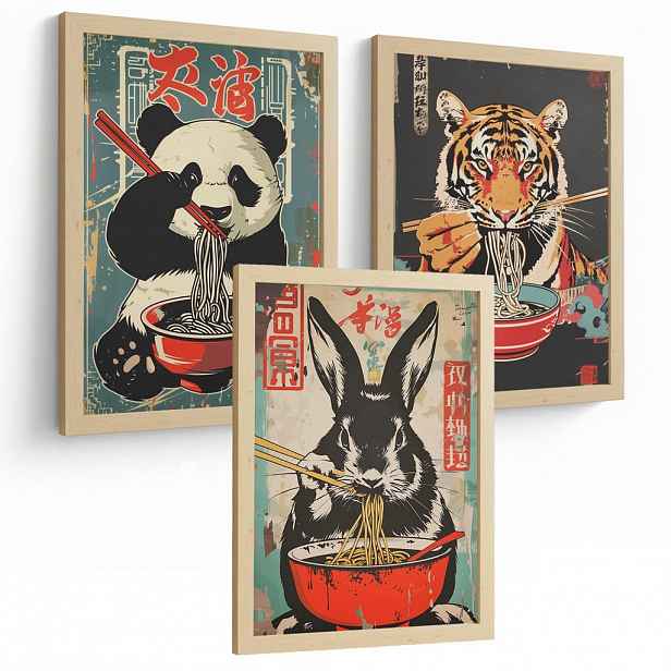 Nacnic PLAKAT Sada 3 Ramen Animals A4 Lehký dřevěný rám